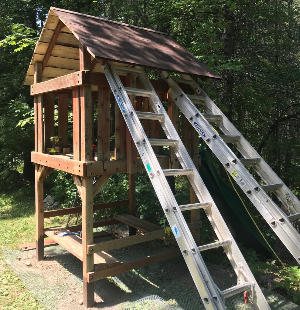 New spruce roof before we shingled it. The other note here is that the original playset had a picnic table on the lower level, but I converted that to a slightly raised up first floor to allow for a shaded space underneath.
